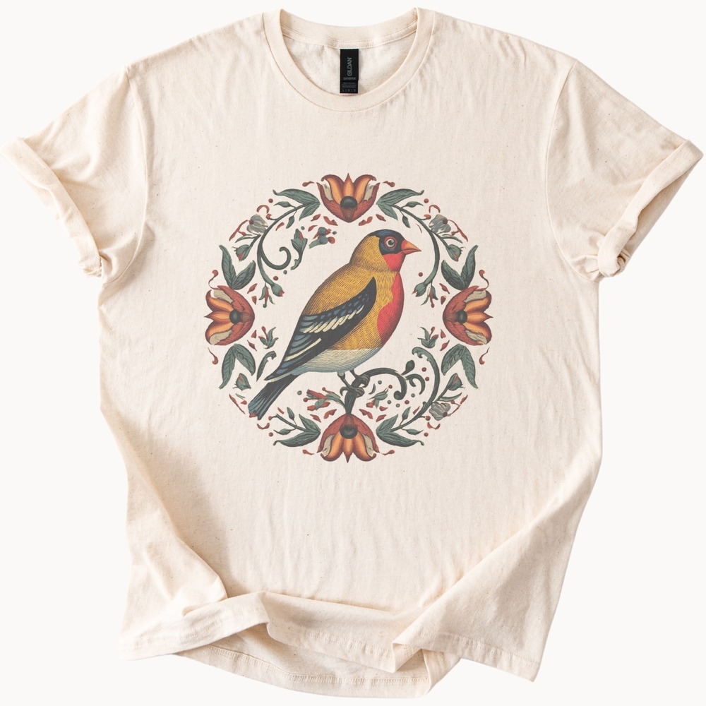 Ornate Bird Floral Wreath Graphic Tee Vintage Naturalist Art